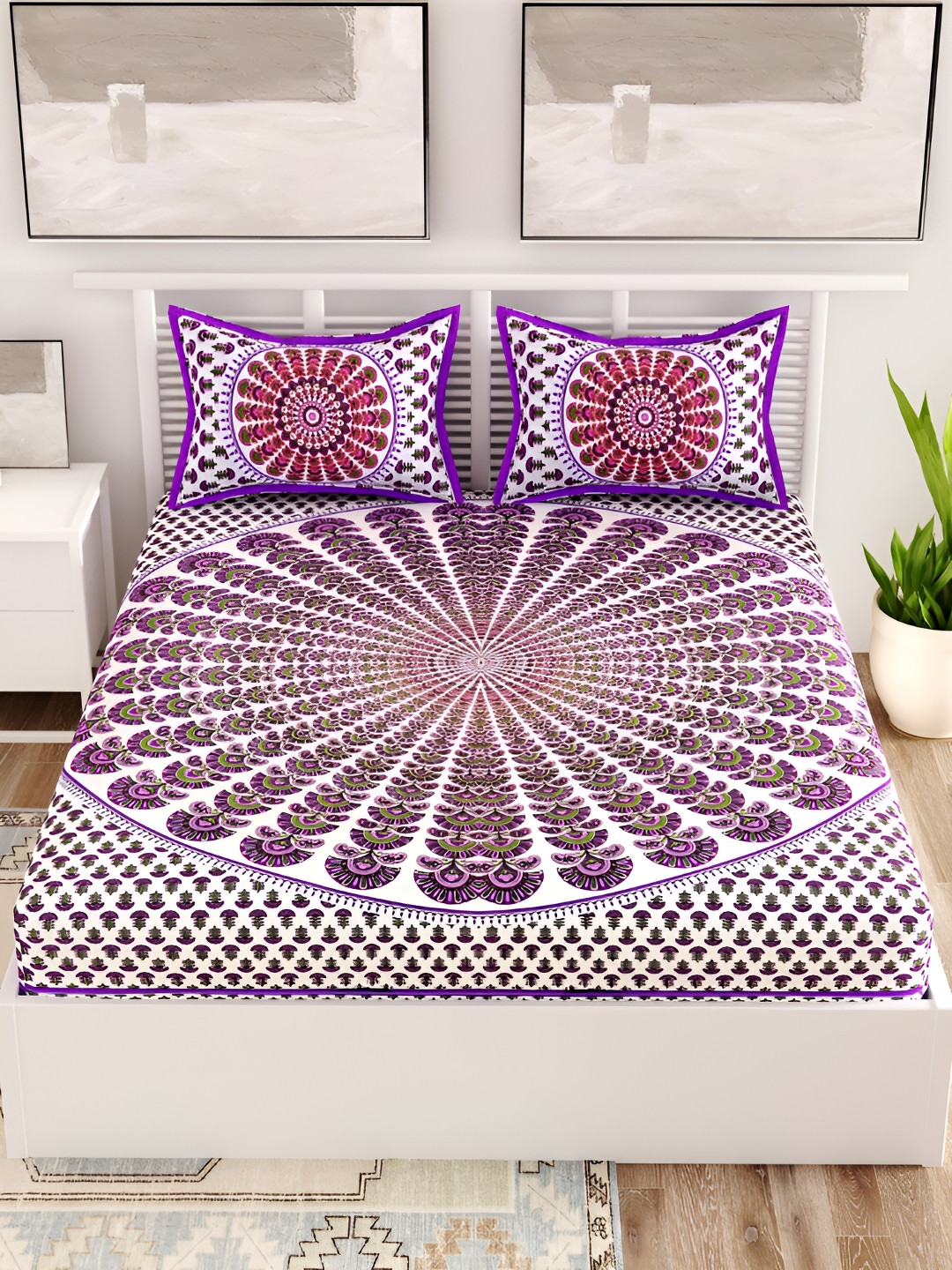 Aura Jaipuri Traditonal Purple Floral Pure Cotton 120 TC Queen Bedsheet with 2 Pillow Covers-93 x 85 inches