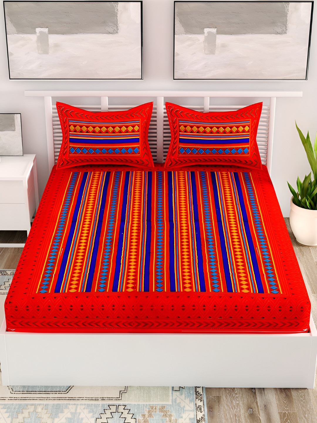 Aura Jaipuri Traditonal Red Geometric Pure Cotton 120 TC Queen Bedsheet with 2 Pillow Covers-93 x 85 inches
