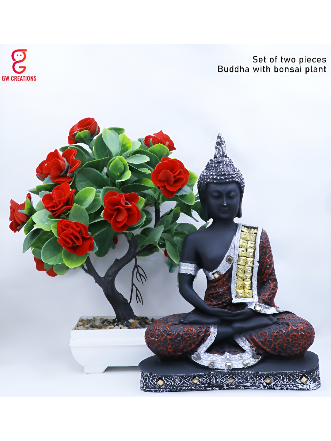 GW CREATIONS Buddha Mini Rose Plant Figurine Showpiece