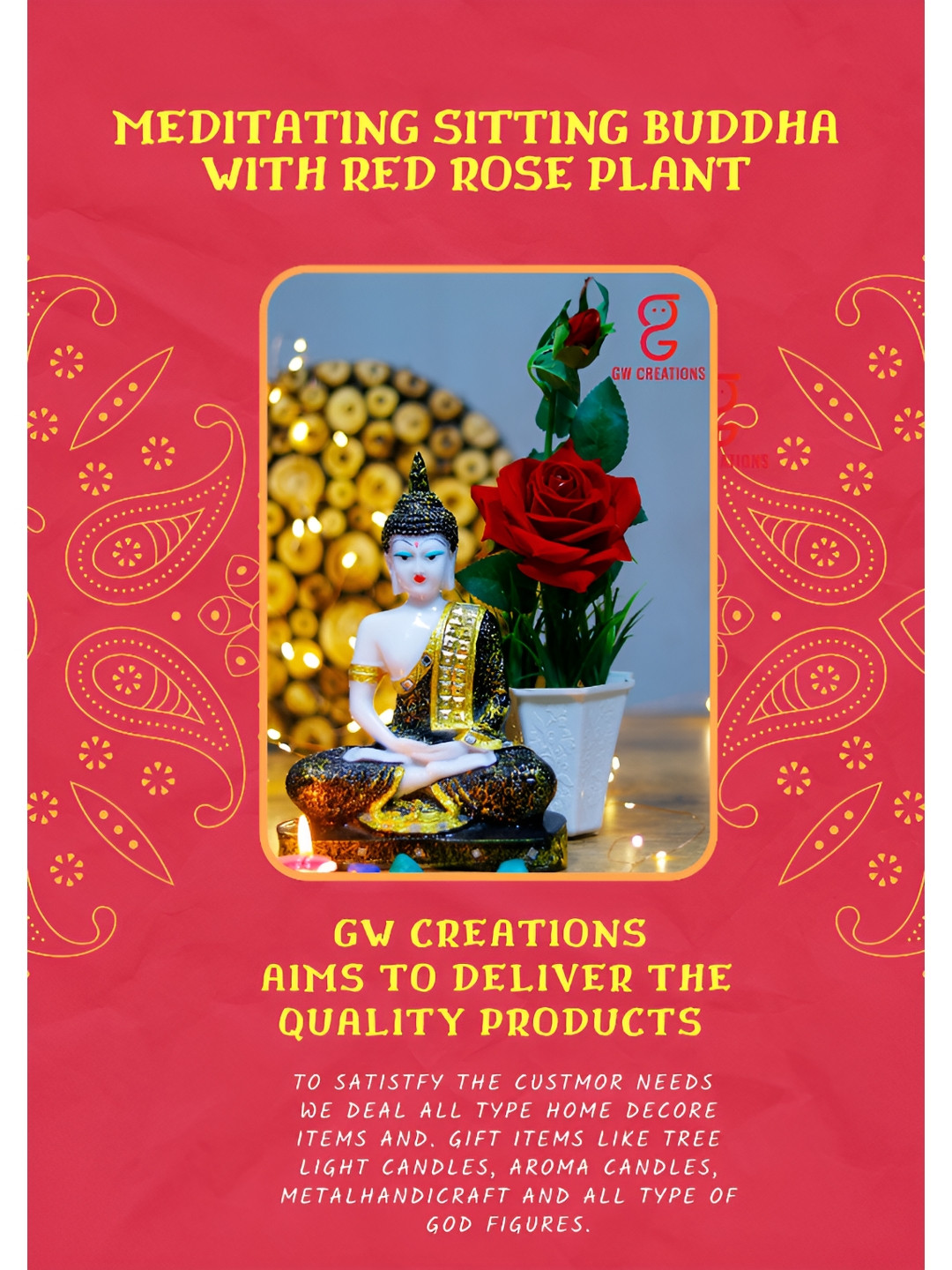 GW CREATIONS Buddha Red Rose Plant Figurine Showpiece