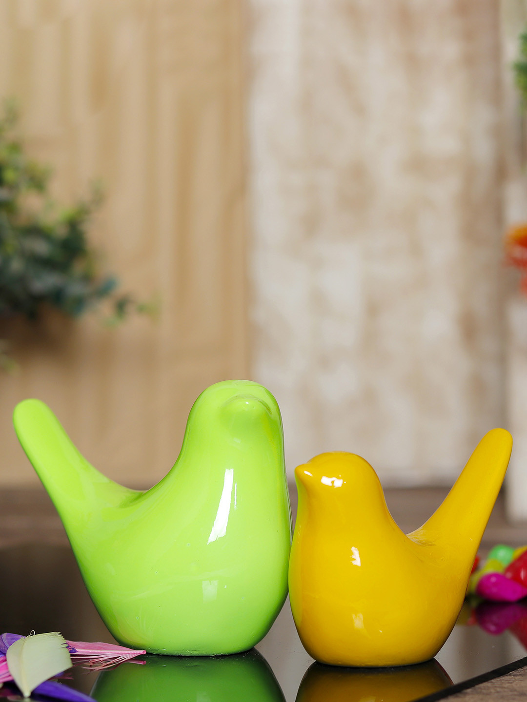 GW CREATIONS Yellow & Green 2 Pieces Birds Showpiece