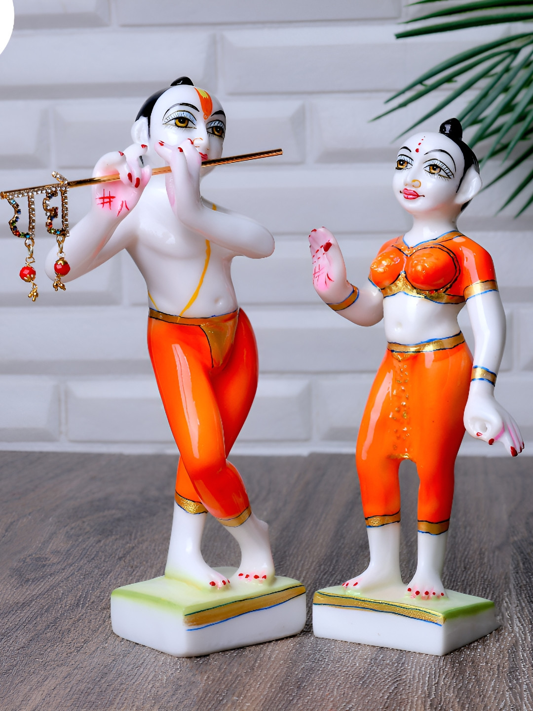 GW CREATIONS White & Orange-Coloured Radha Krishna Marble Figurine Showpiece