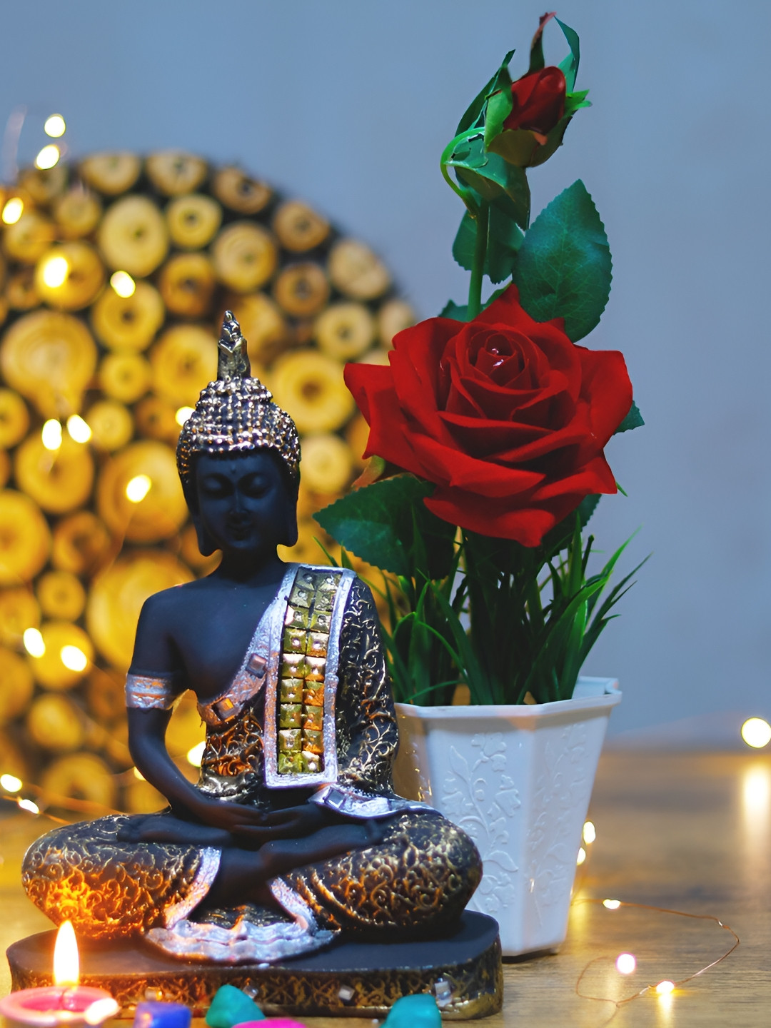 GW CREATIONS Black & Green Lord Buddha & Red Rose Plant Figurine Showpiece