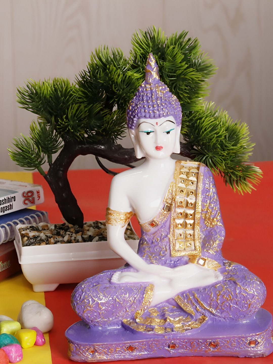 GW CREATIONS Purple Buddha With Bonsai Plant Figurine Showpiece