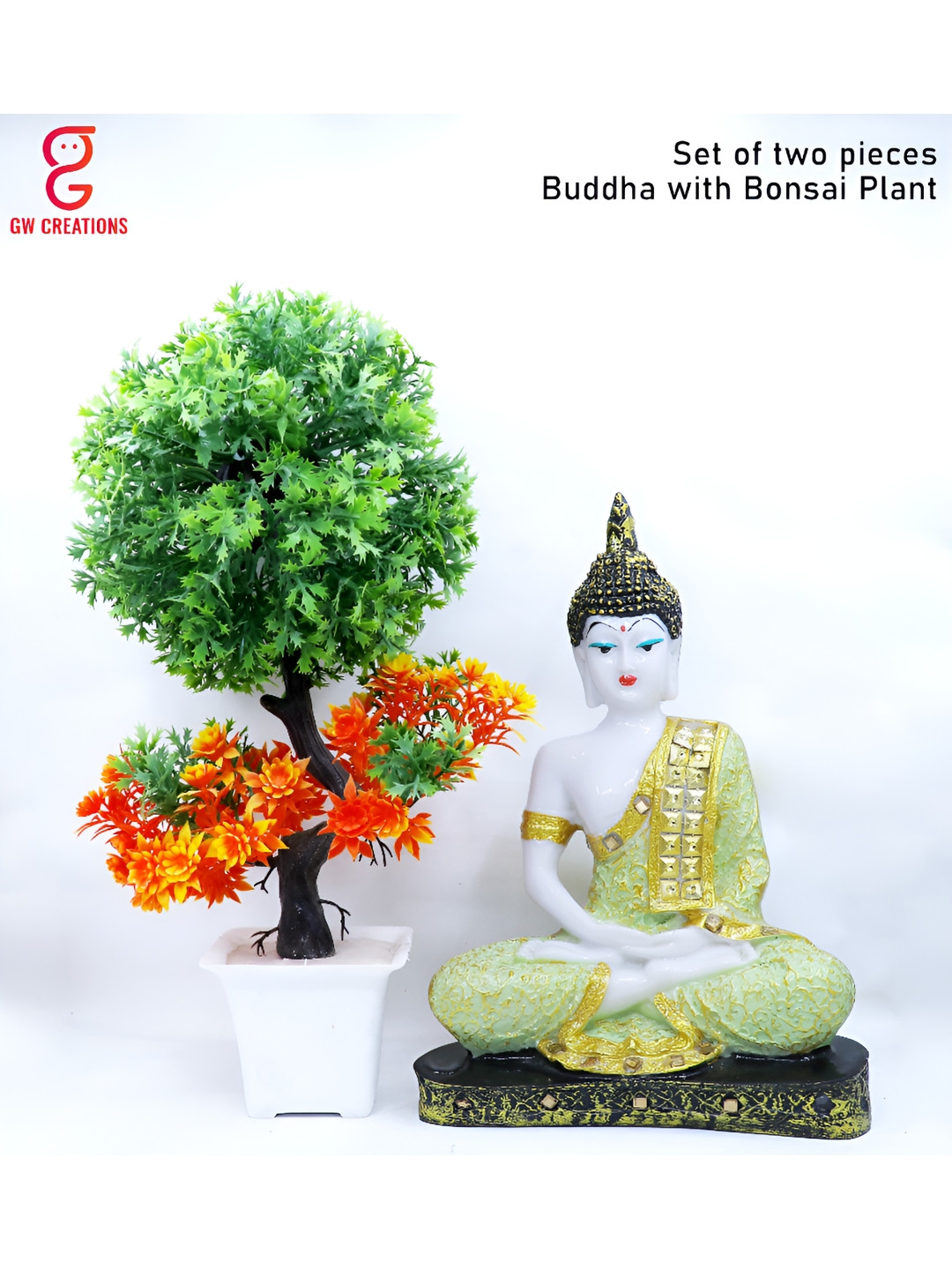 GW CREATIONS Sea Green 2 Pieces Buddha & Bonsai Plant Showpieces