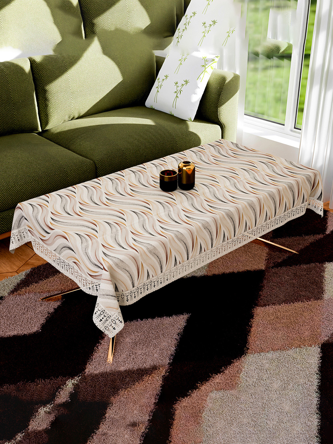 Kuber Industries Cream Coloured & White Abstract Printed Rectangle 4-Seater Table Cover