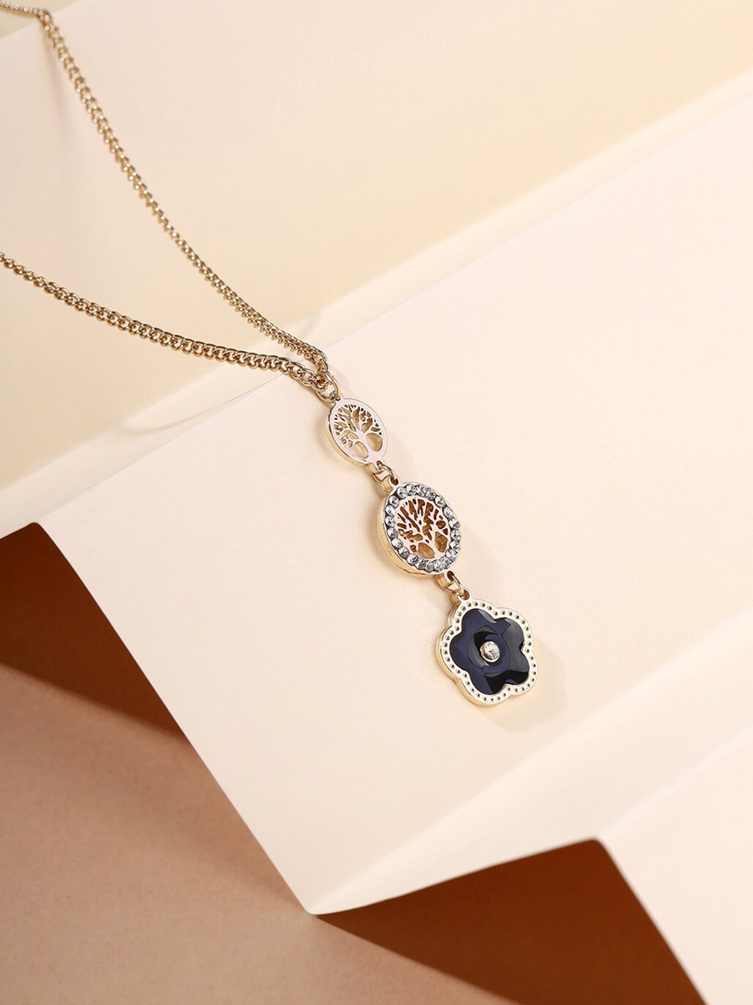 Priyaasi Gold-Plated Stones Studded Flower Tree Shaped Pendant With Chain