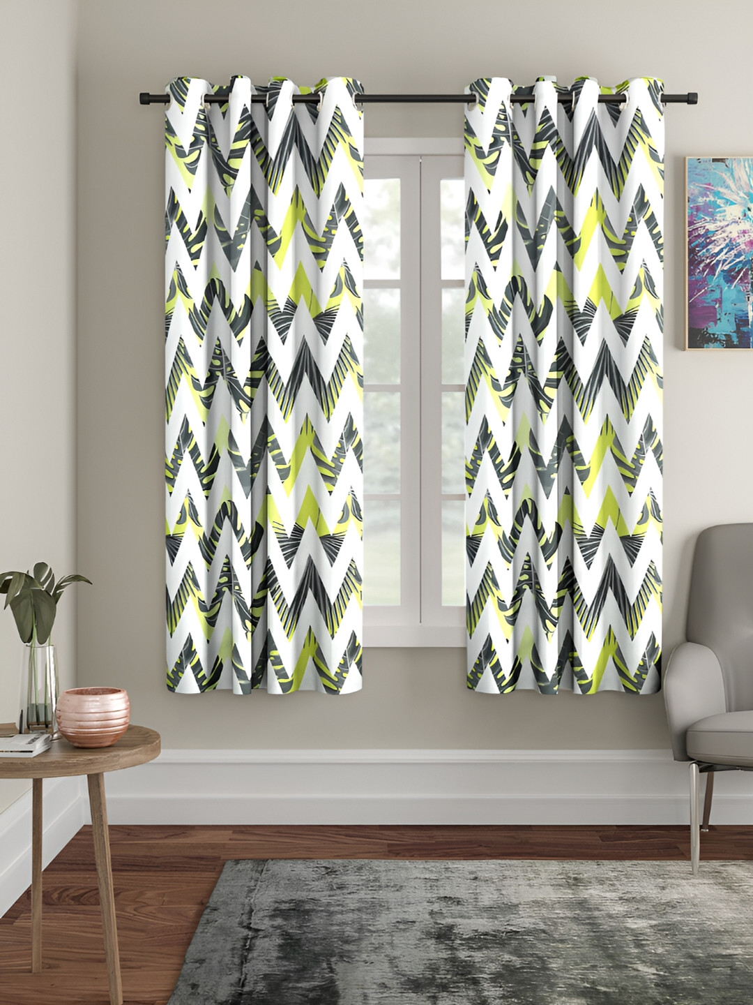 Aura White & Fluorescent Green 2 Pieces Geometric Printed Eyelet Window Curtains