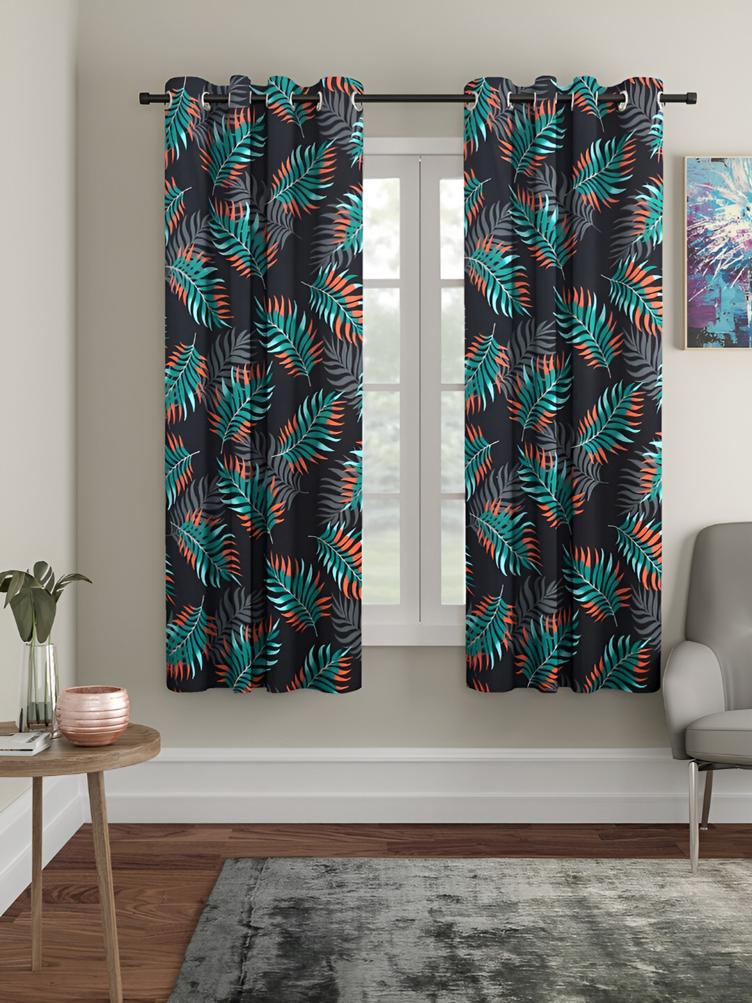 Aura Black & Blue 2 Pieces Abstract Printed Eyelet Window Curtains