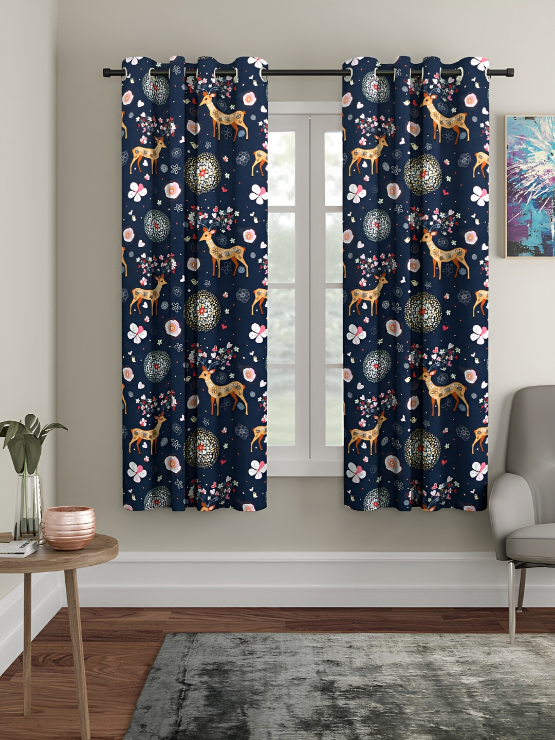 Aura Black & Orange 2 Pieces Quirky Printed Eyelet Door Curtains