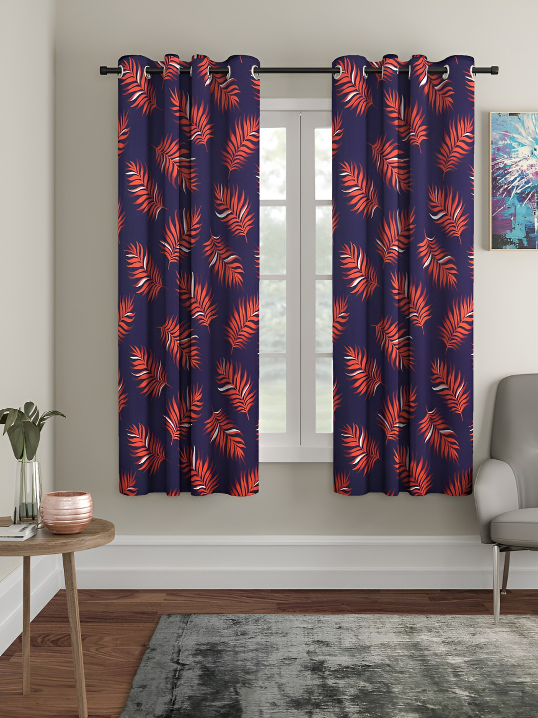 Aura Blue & Orange 2Pcs  Floral Eyelet Window Curtains