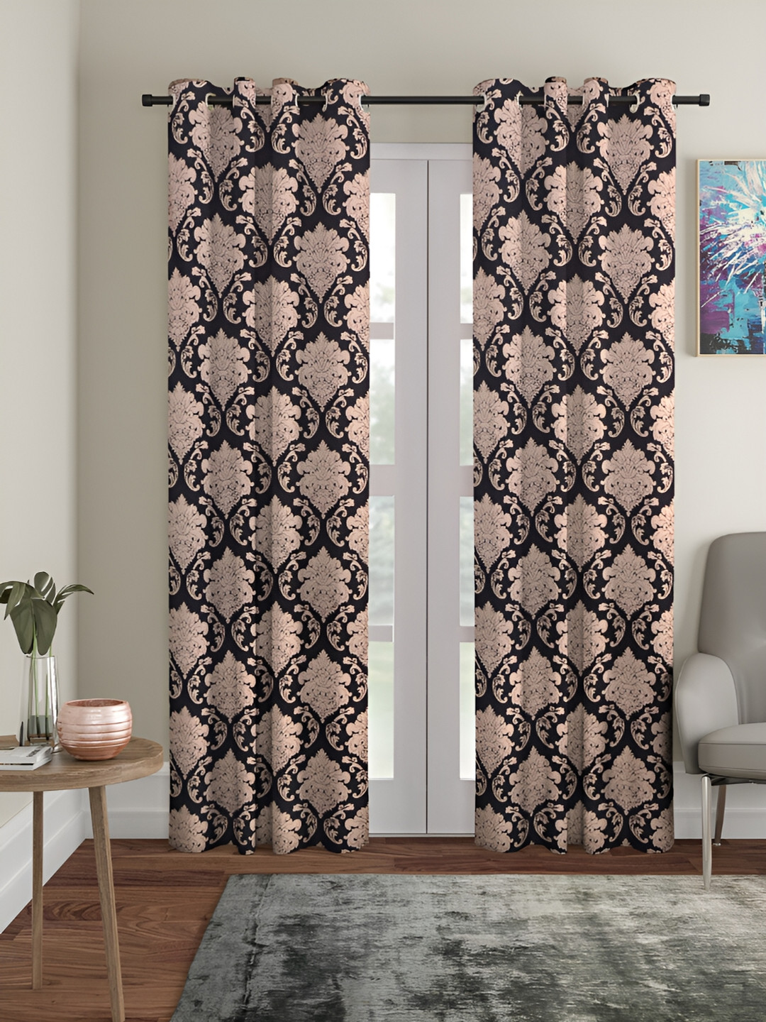 Aura Peach-Coloured & Black 2 Pieces Ethnic Motif Printed Eyelet Long Door Curtains