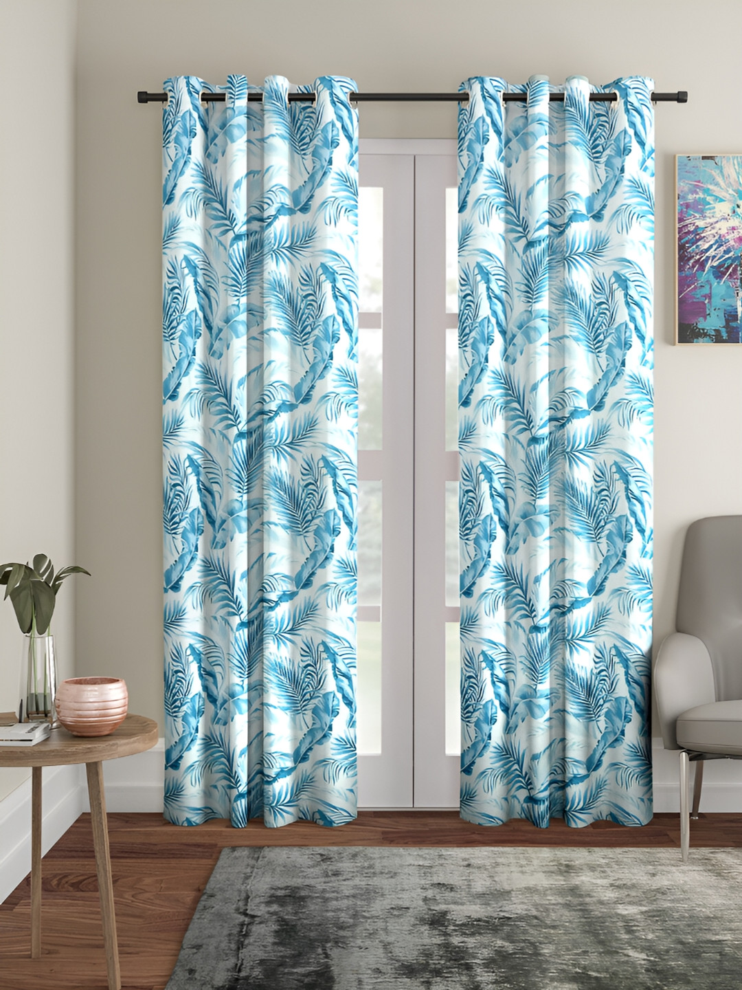 Aura Blue & White 2Pcs Floral Eyelet Long Door Curtains