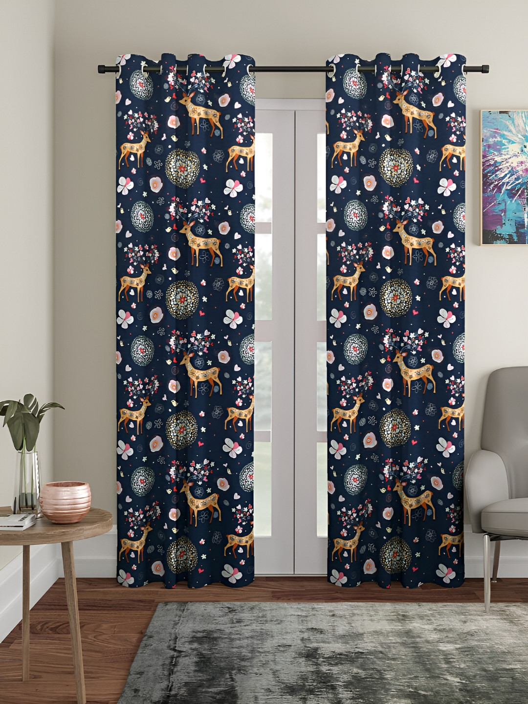 Aura Black & Orange 2 Pieces Quirky Printed Eyelet Door Curtains