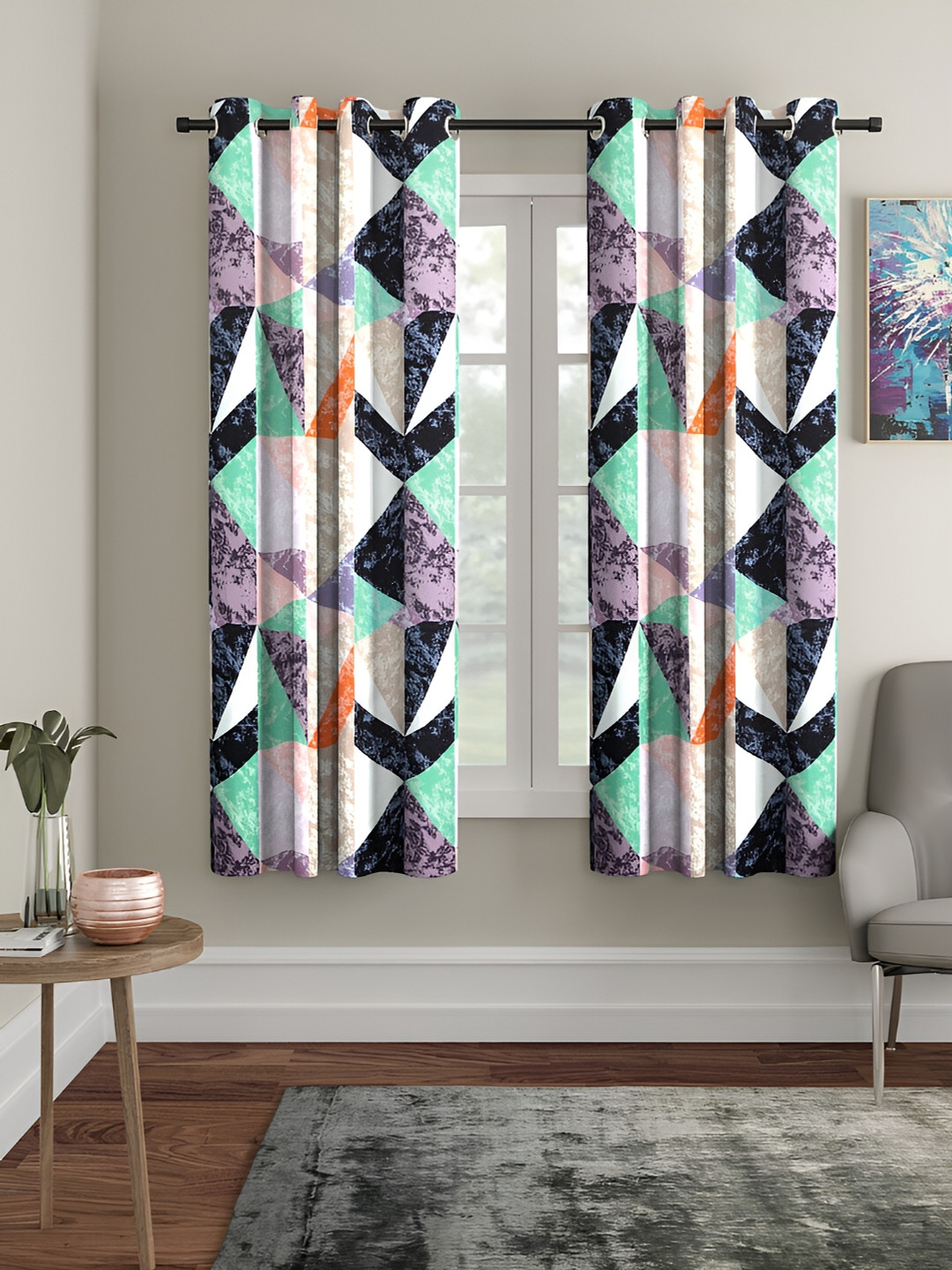 Aura White & Green 2 Pieces Geometric Window Curtains