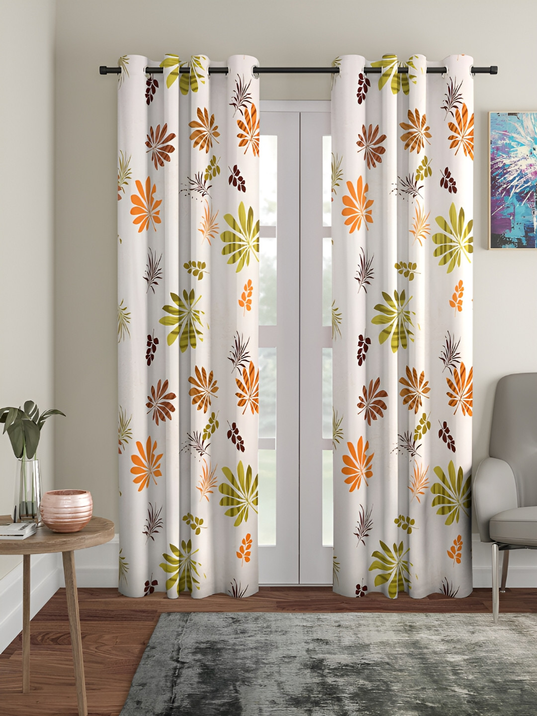Aura White & Orange 2 Pieces Floral Printed Eyelet Door Curtains