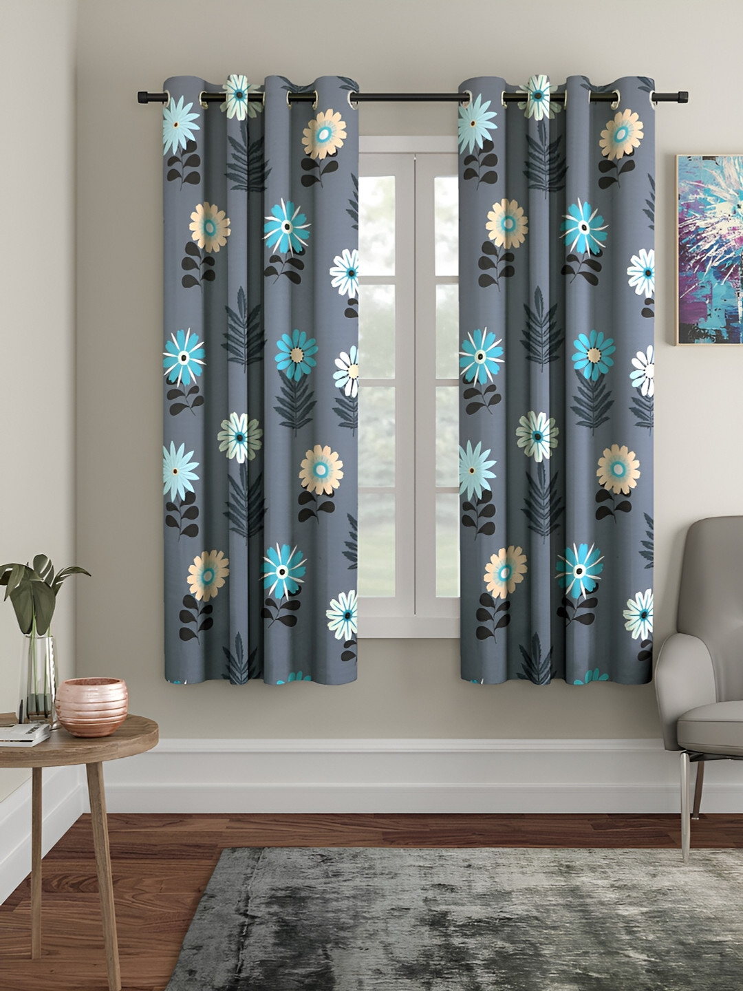 Aura Grey & Blue 2 Pieces Floral Window Curtains