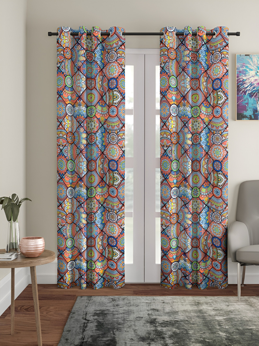 Aura Blue & Orange 2 Pieces Ethnic Motifs Printed Door Curtain