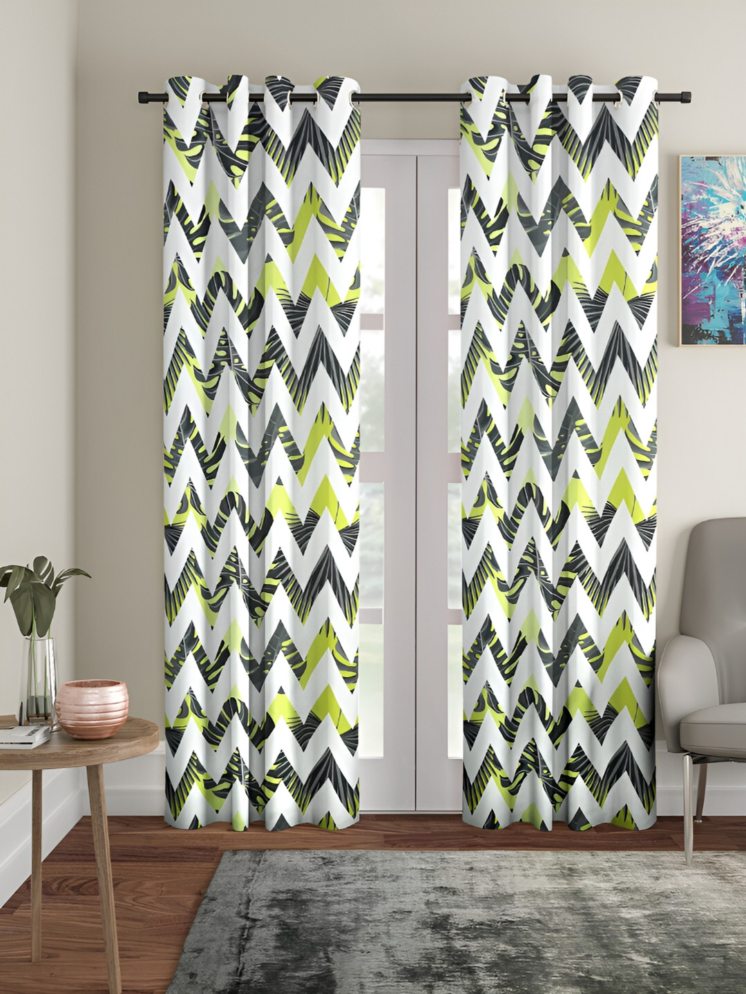 Aura White & Green 2 Pieces Geometric Printed Eyelet Door Curtains