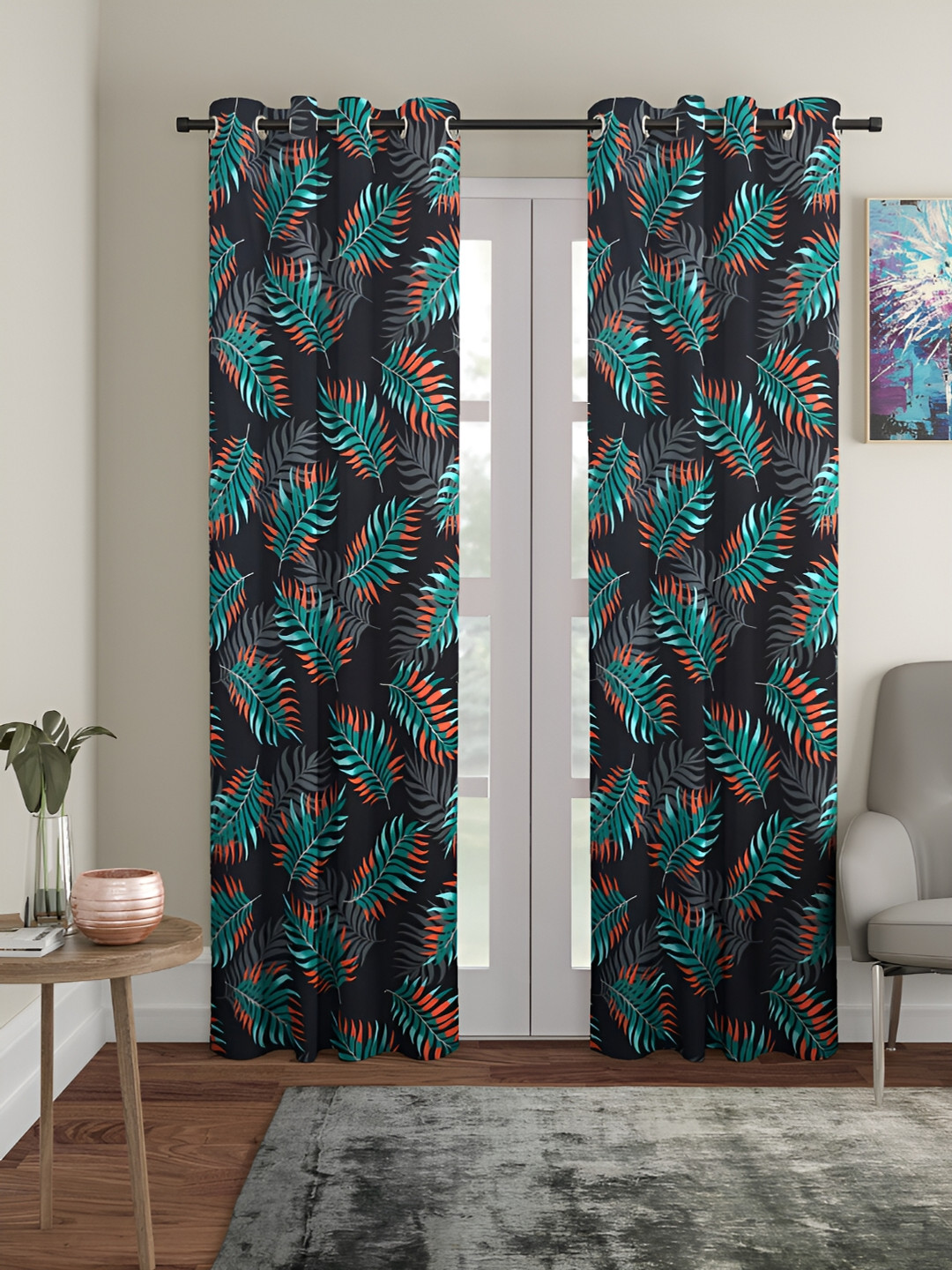 Aura Black & Green 2 Pieces Abstract Printed Eyelet Door Curtains