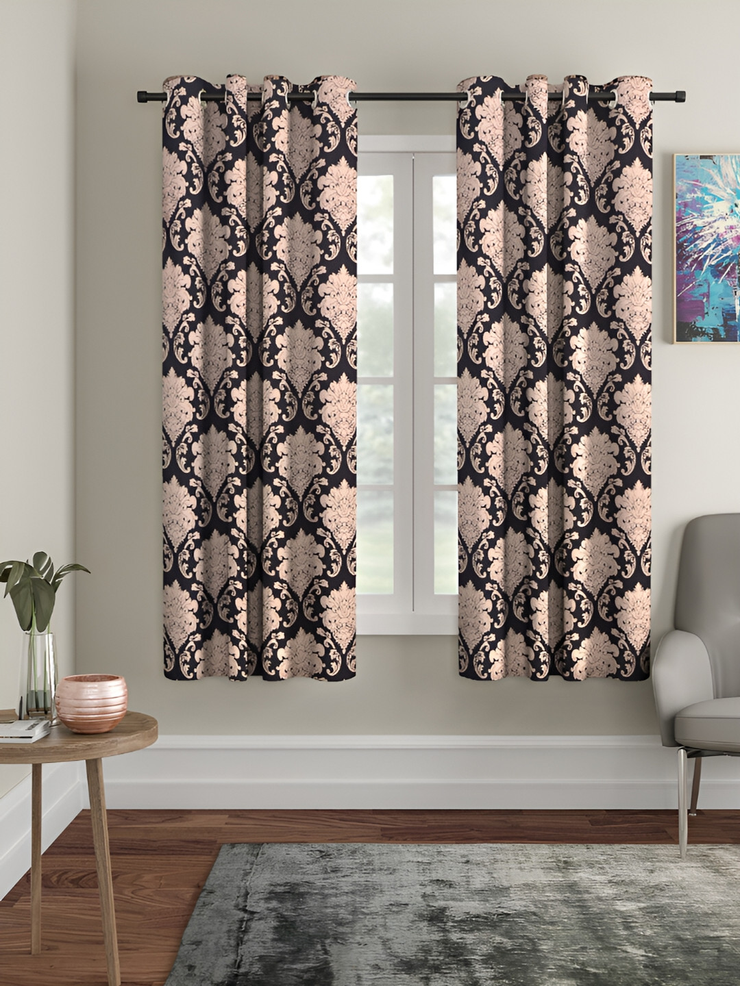 Aura Peach-Coloured & Black 2 Pieces Ethnic Motif Printed Eyelet Window Curtains