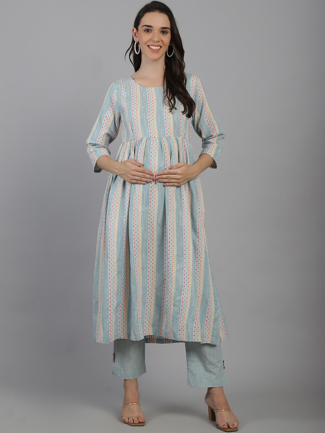 Moms Maternity Striped Printed High Slit Kurti with Trousers