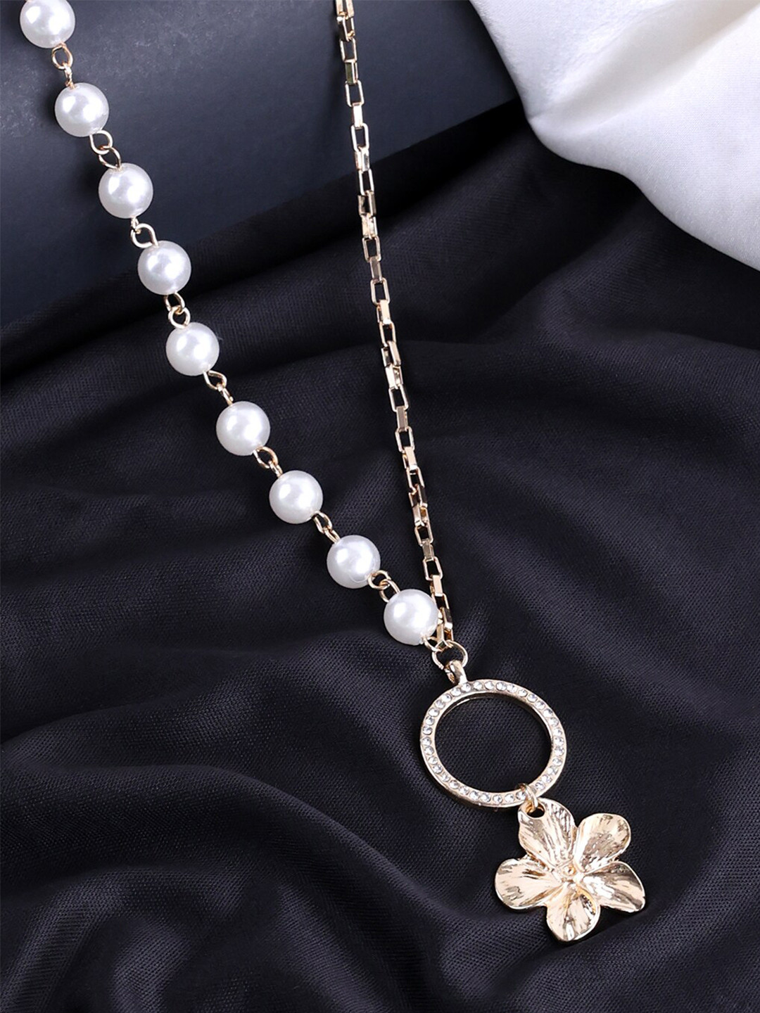 VOGUE PANASH- Gold-Plated Floral Shaped With White Beaded Necklace And Chain
