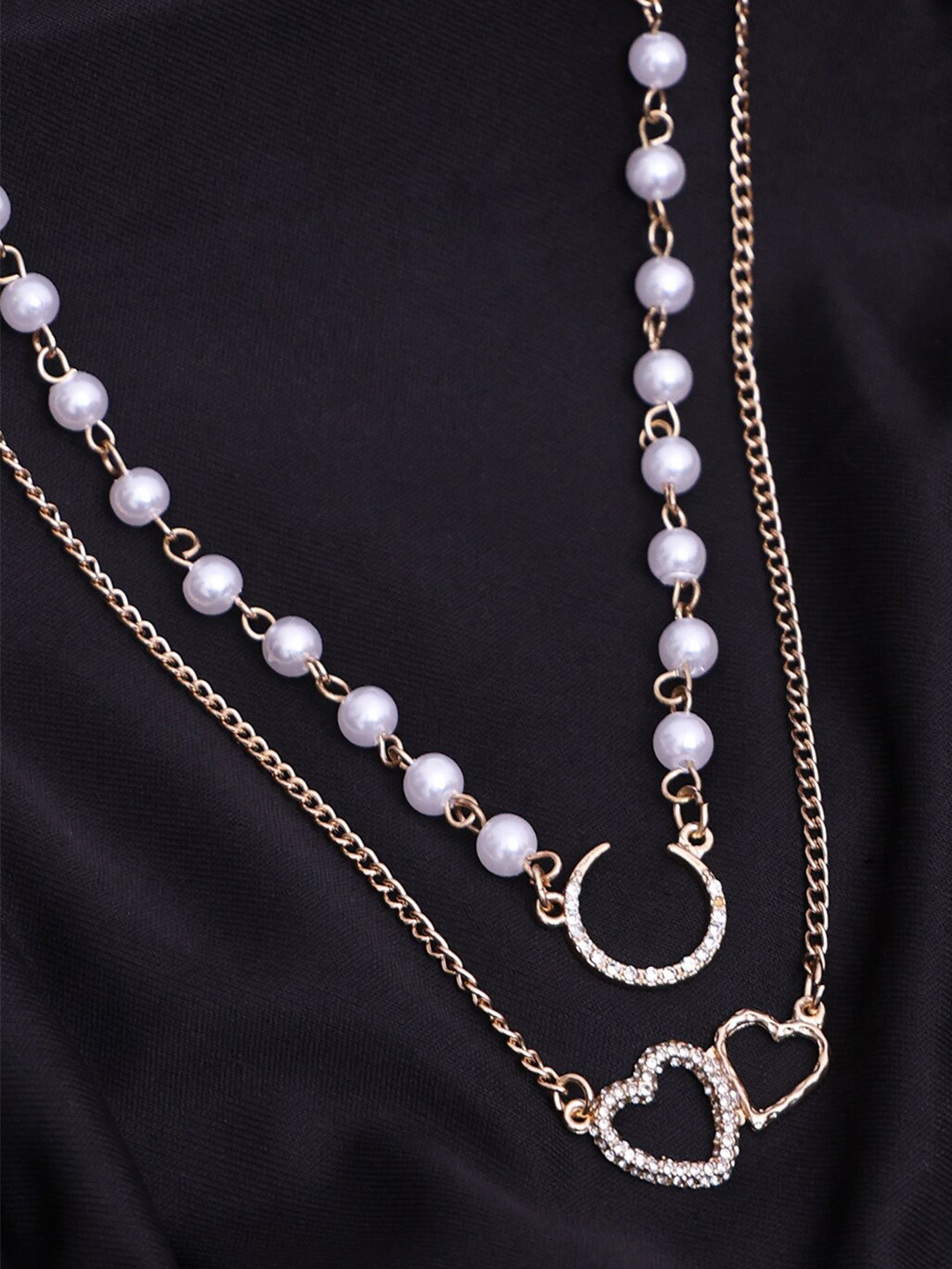 VOGUE PANASH Gold-Plated Heart & Moon Shaped Beaded Layered Necklace