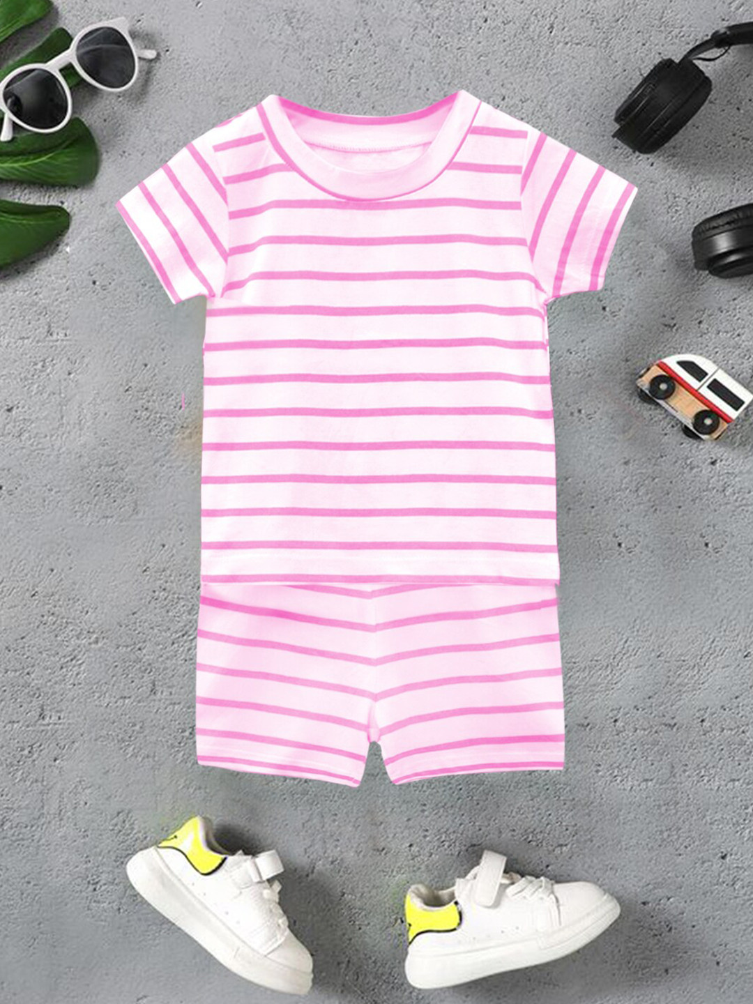 A.T.U.N. Boys Striped Round Neck Short Sleeves Two Piece Cotton Co-ords Set