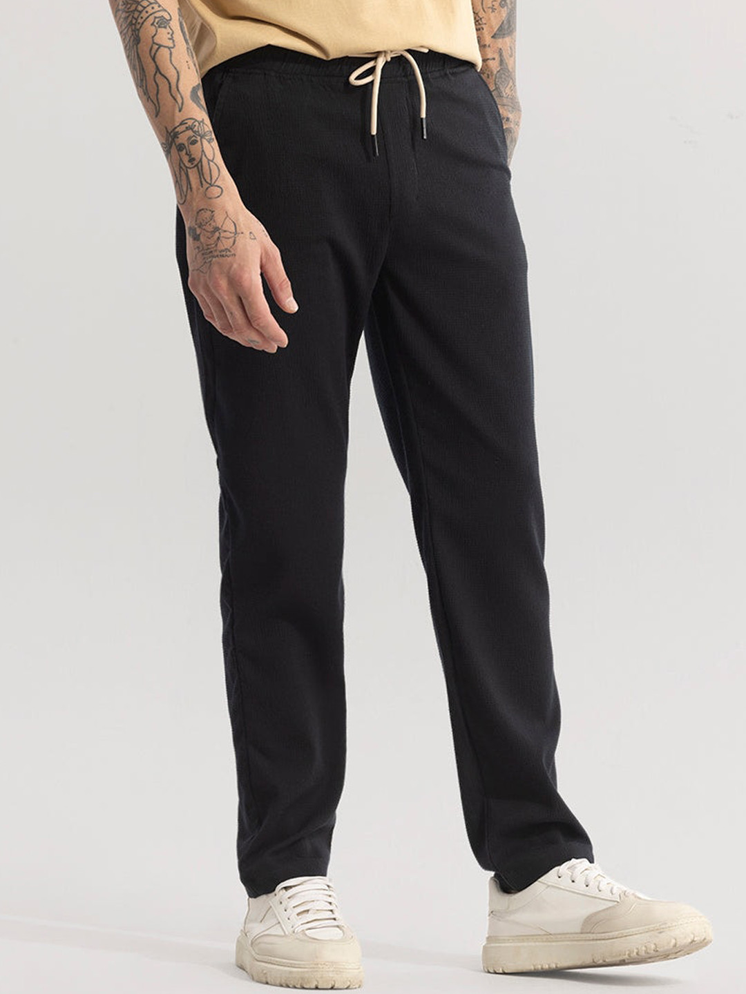 Snitch Men Smart Black Mid Rise Cotton Trousers