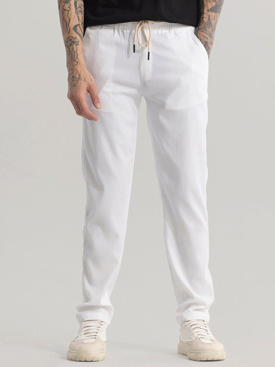 Snitch White Men Solid Cotton Casual Trousers