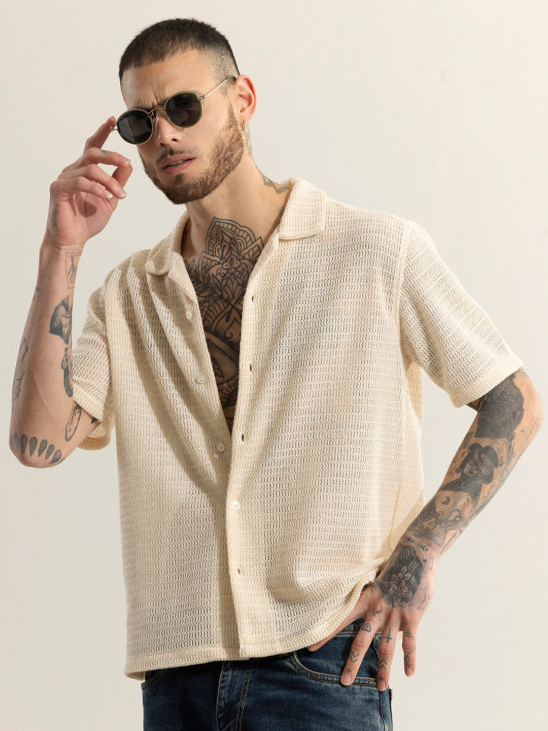 Snitch Self Design Spread Collar Short Sleeves Classic Oversized Casual Shirt