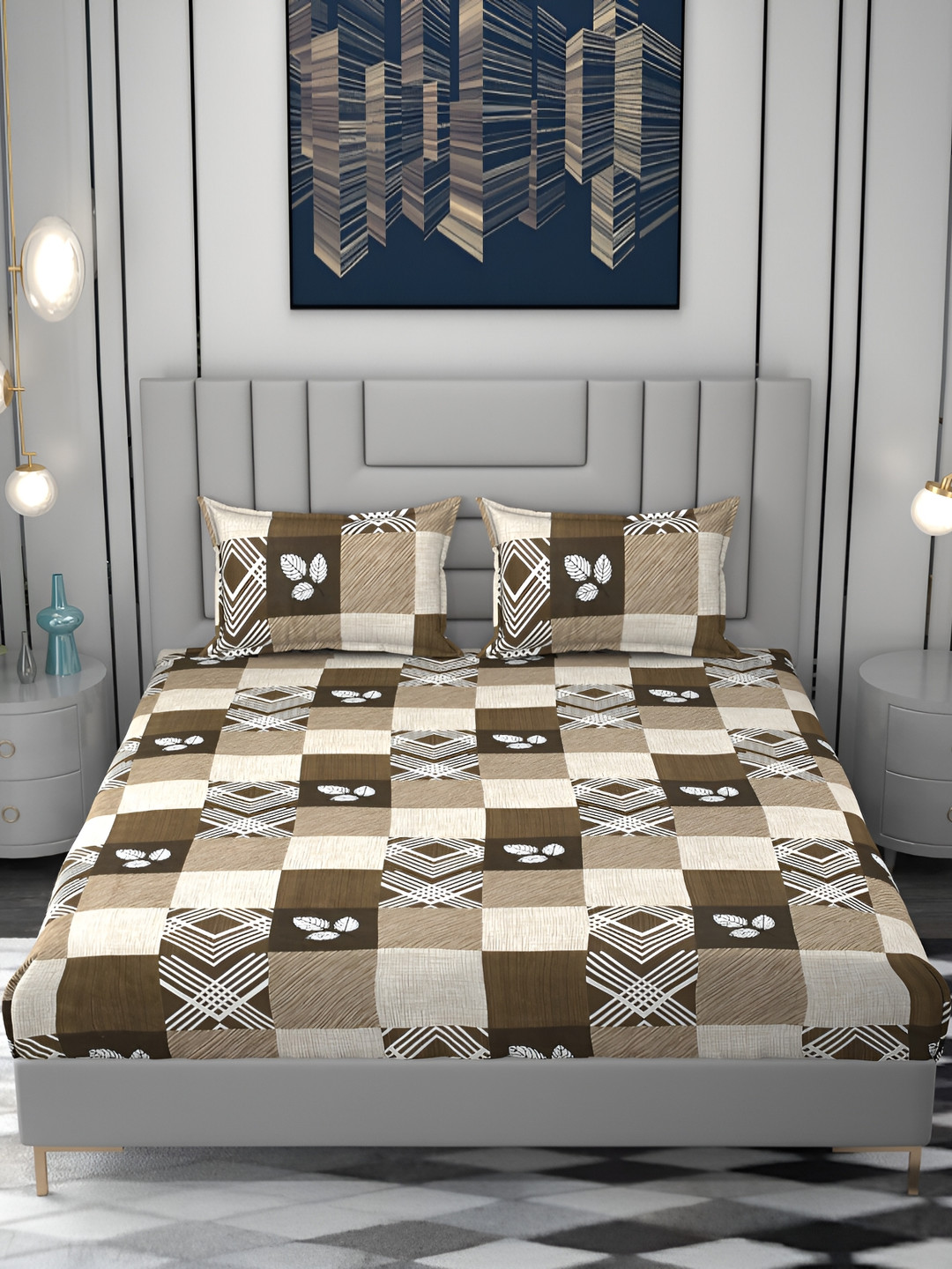 FINE TEX WORLD Elite Brown Geometric Microfiber 210 TC Fitted King Fine Bedsheet with 2 Pillow Covers-182 x 198 x 20.32 cm