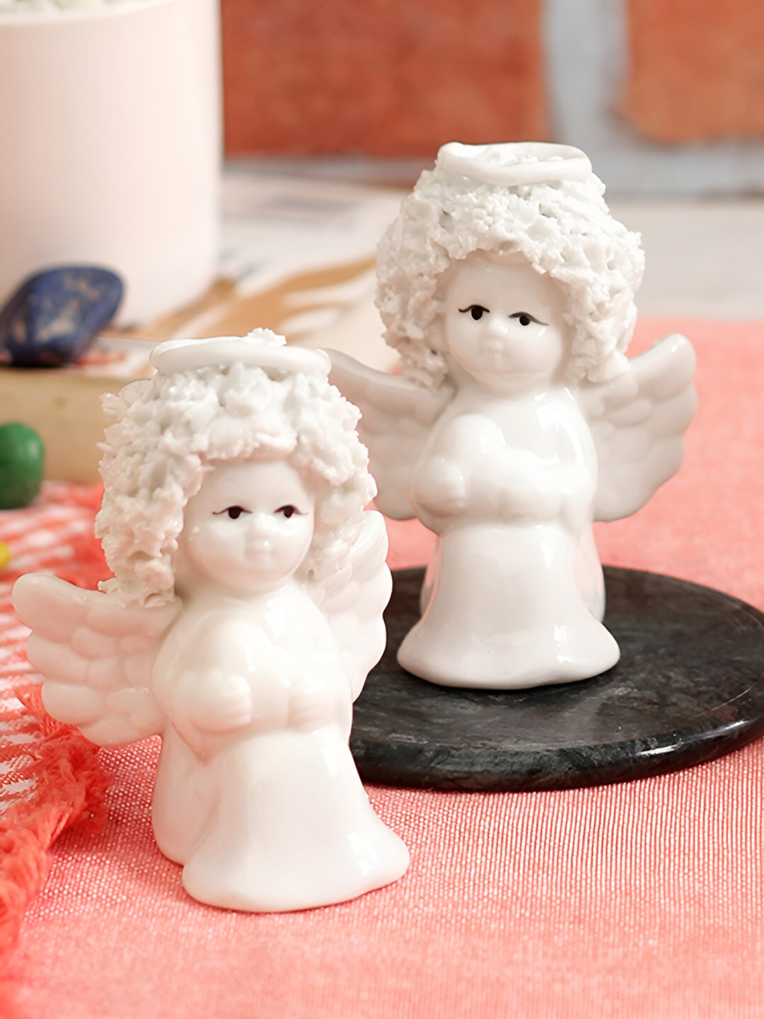 Aura European Figurine White Ceramic Glossy Living Room Set of 2 Tiny Showpieces - 2.4 Inches