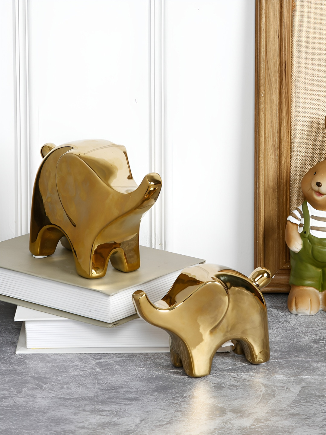 Aura Elephant Gold Ceramic Natural Living Room Set of 2 Small Showpieces - 5.1 Inches