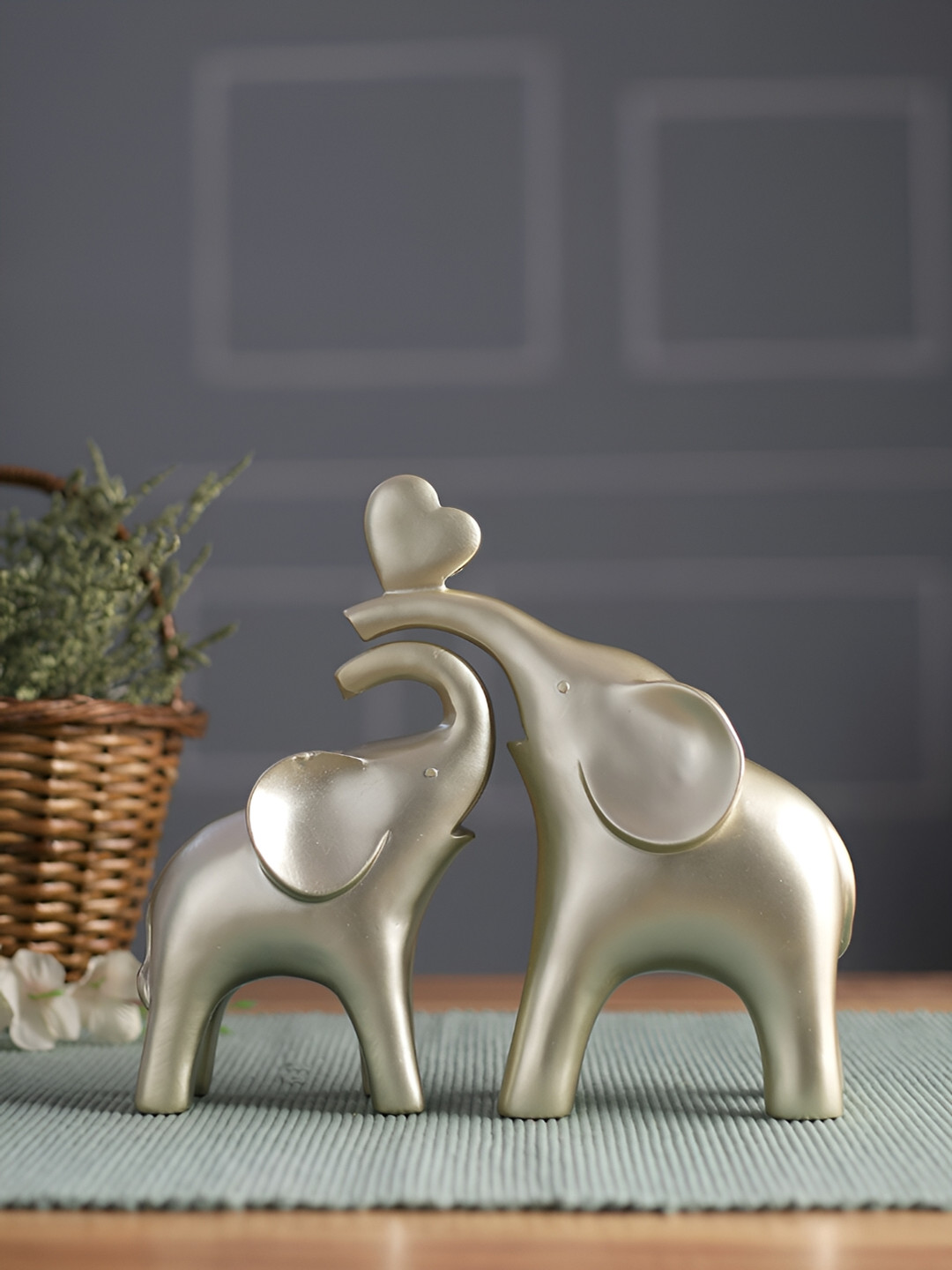 Aura Elephant Spreading Love Silver Polyresin Glossy Living Room Set of 2 Small Showpieces - 6.1 Inches