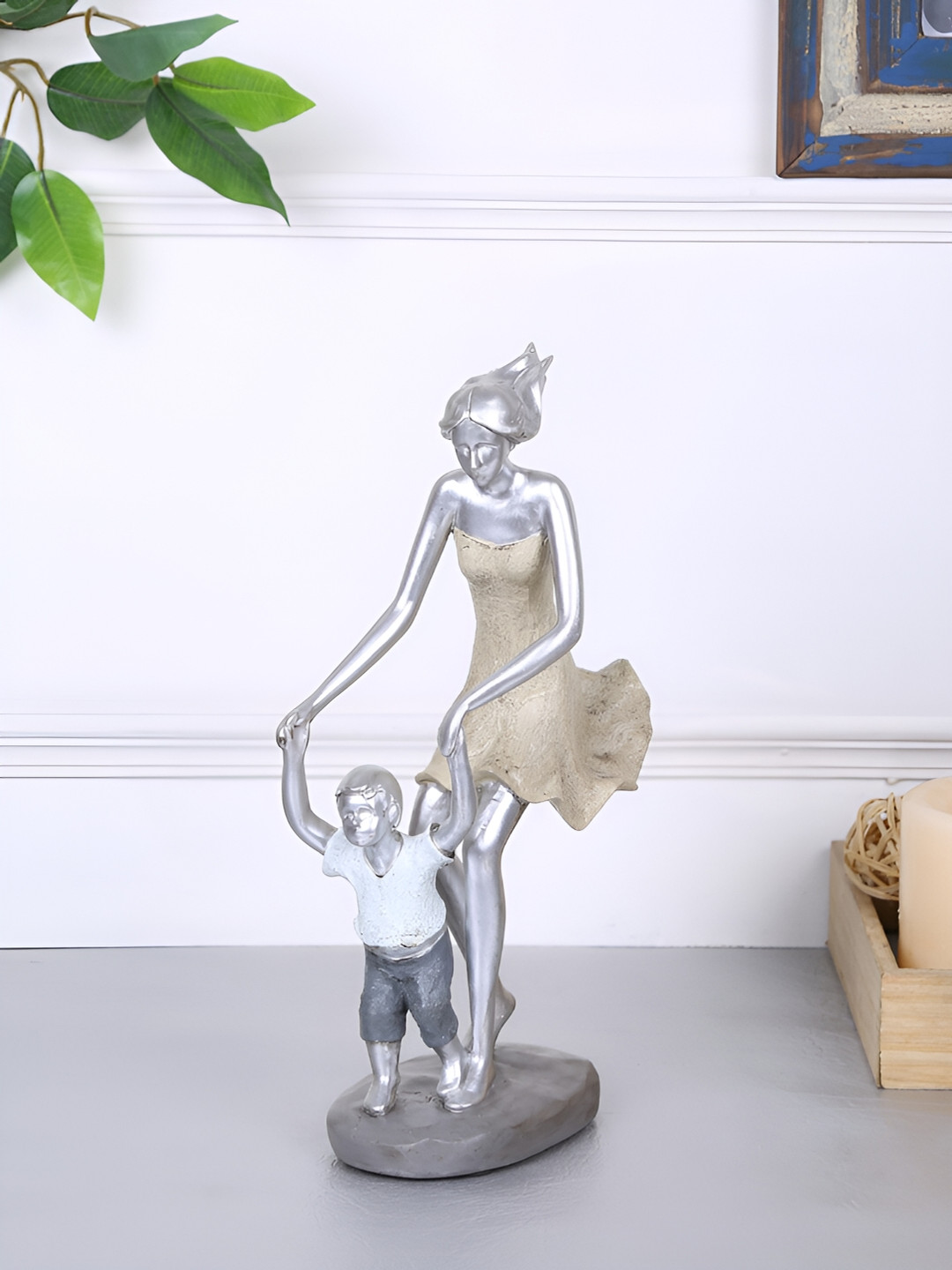 Aura Cheerful Mother and Me Silver Resin Natural Living Room Medium Showpiece - 2.8 Inches
