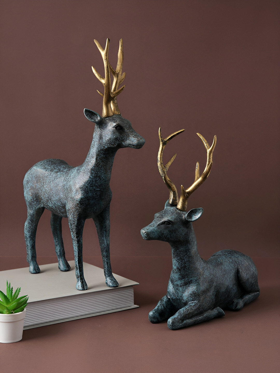 Aura Deer Black Ceramic Matte Living Room Set of 2 Medium Showpieces - 14 Inches