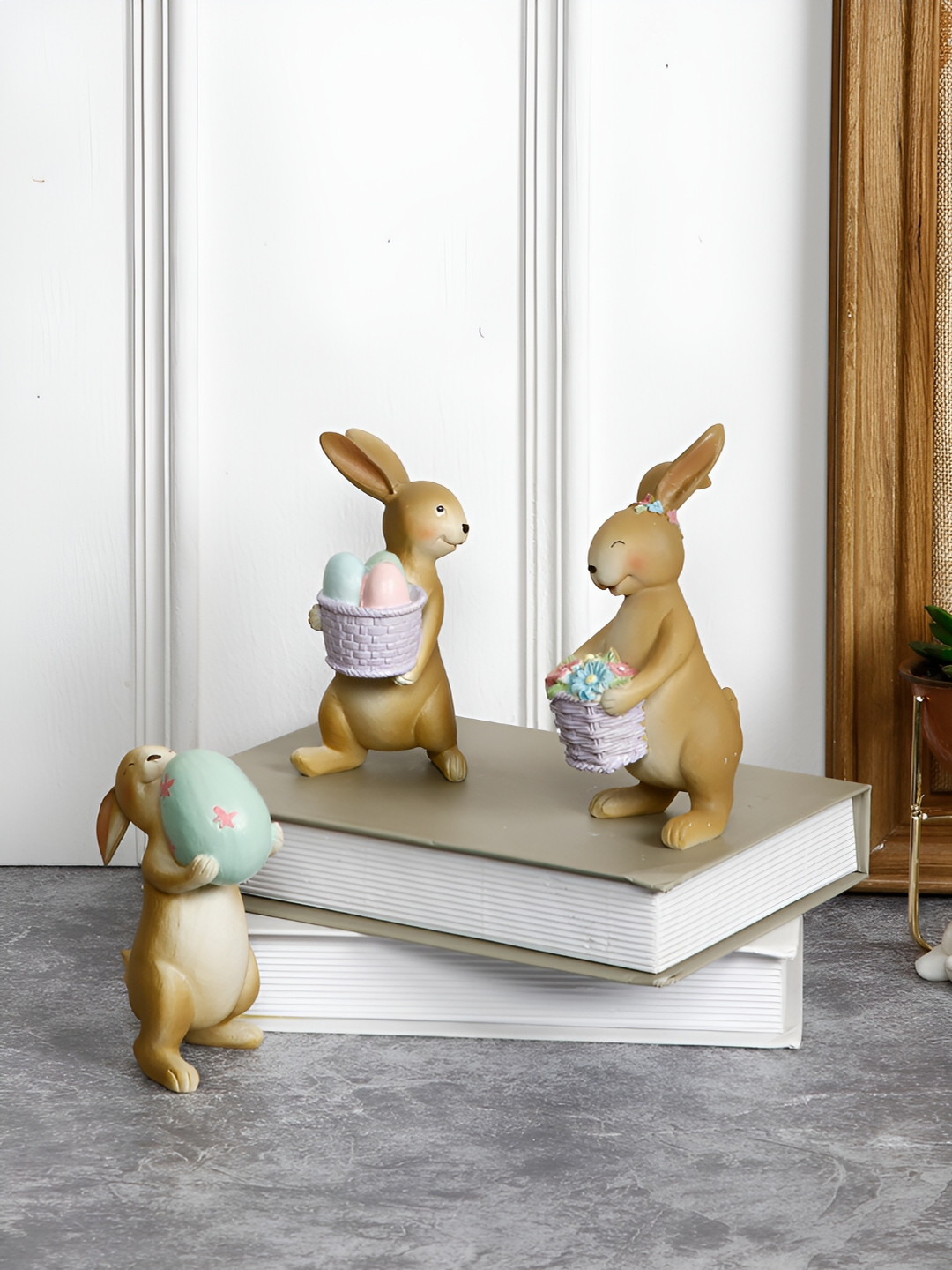 Aura Cute and Playful Bunny Set Brown Polyresin Glossy Living Room Set of 3 Small Showpieces - 5.7 Inches