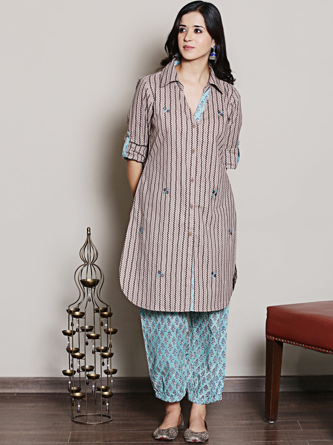 Spring Soul Geometric Printed Thread Work Pure Cotton Straight Fusion Kurta With Harem Pants