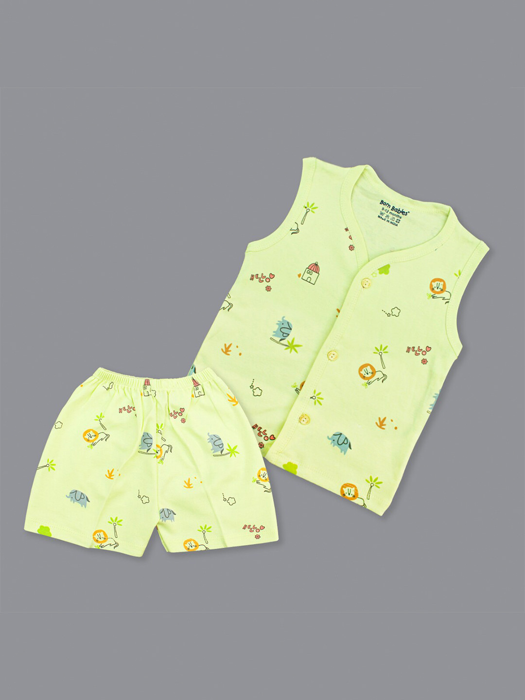 Born Babies Kids Printed Sleeveless Front Open Cotton Top & Shorts Clothing Set