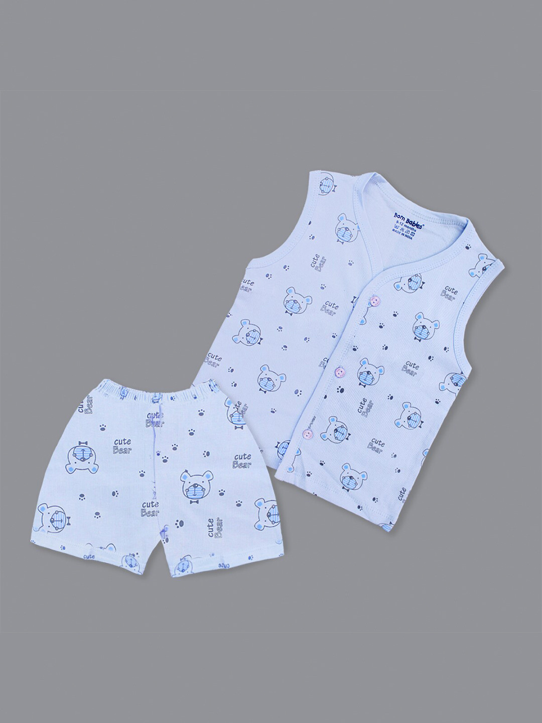Born Babies Kids Printed Sleeveless Front Open Cotton Top & Shorts Clothing Set