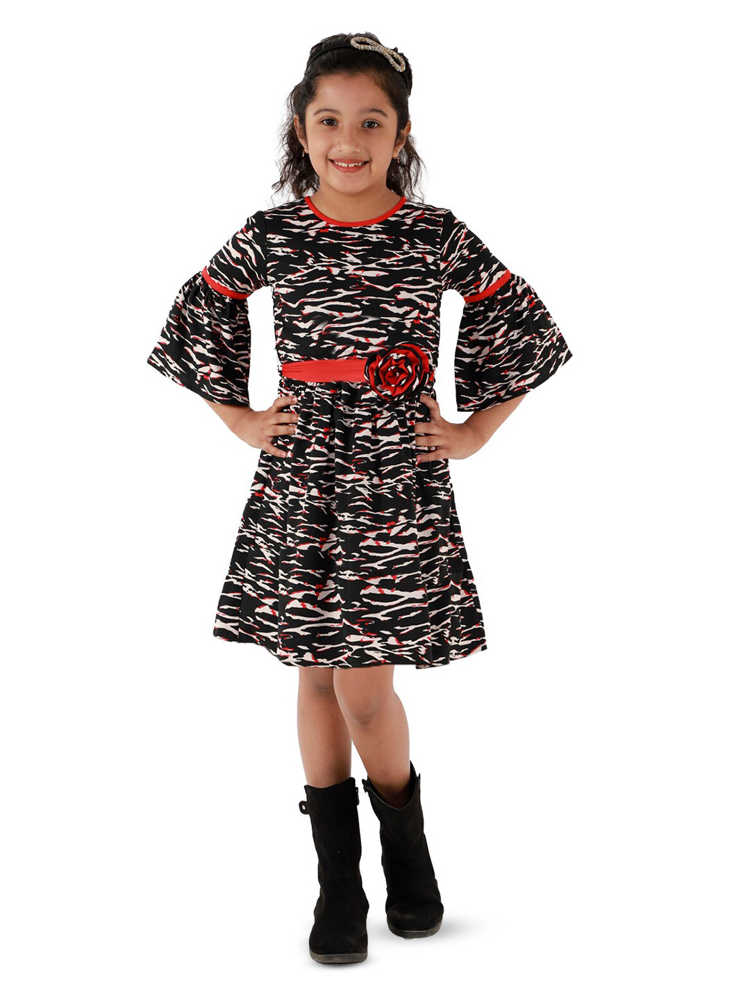 Kids Cave Girls Print Bell Sleeve Fit & Flare Dress
