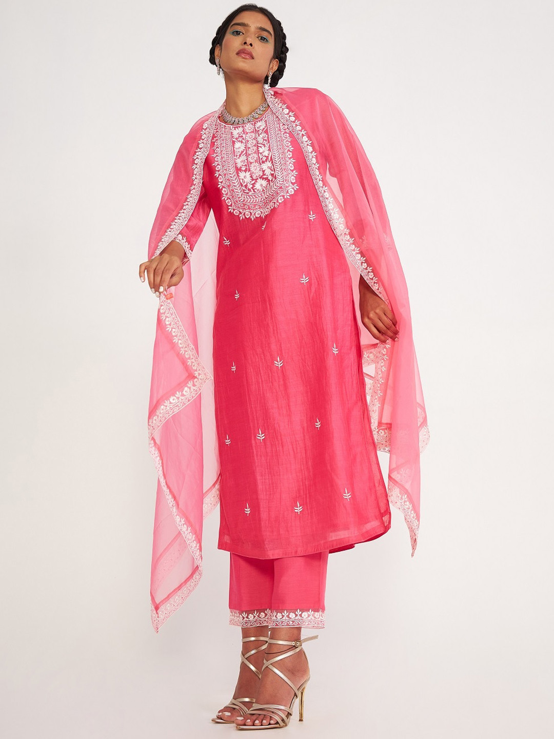 Asaga Ethnic Motifs Thread Work Chanderi Silk Straight Kurta With Salwar & Dupatta