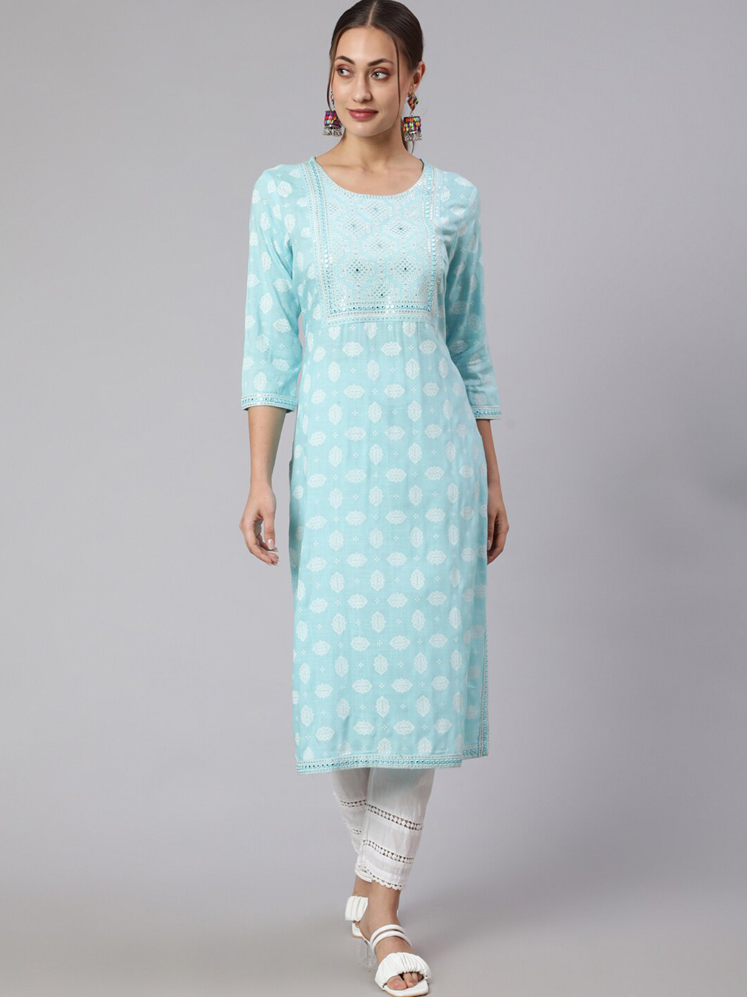 STYLE ANGEL Ethnic Motifs Printed Thread Work Straight Kurta