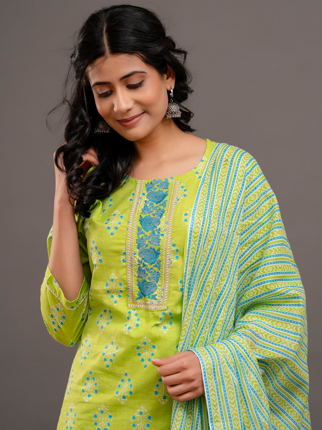Jasoriya Floral Embroidered Round Neck Three-Quarter Sleeves Pure Cotton Kurta Set