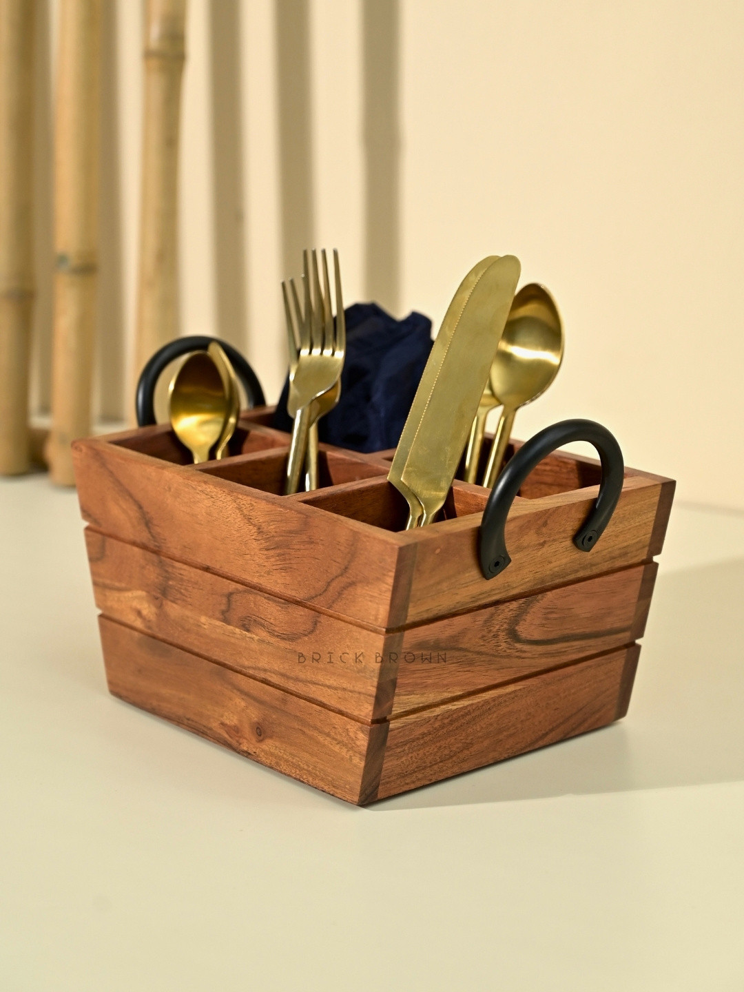 BRICK BROWN Brown Wooden Cutlery Holder