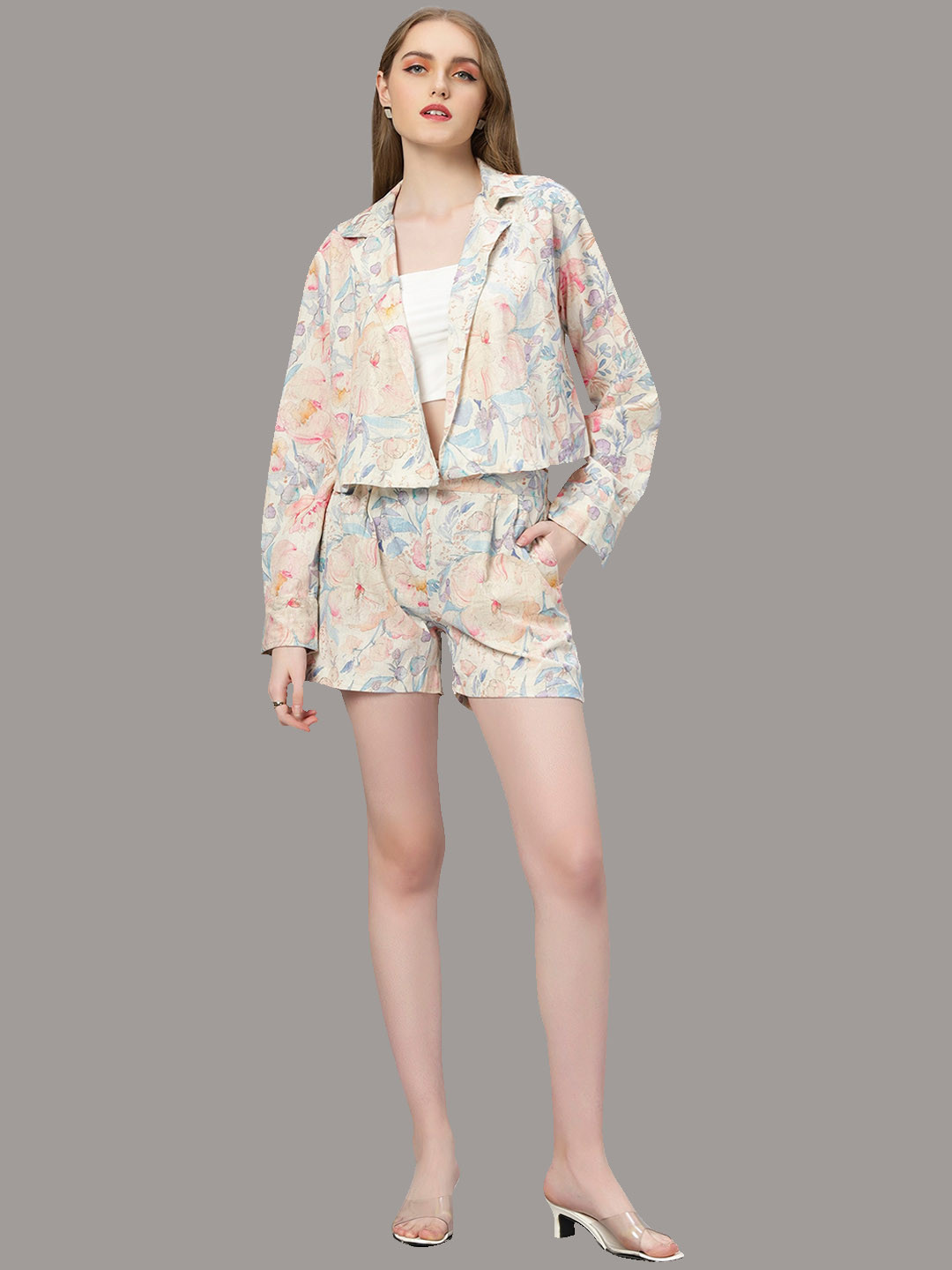Ashtag Floral Printed Notched Lapel Collar Long Sleeves Linen Blazer With Shorts