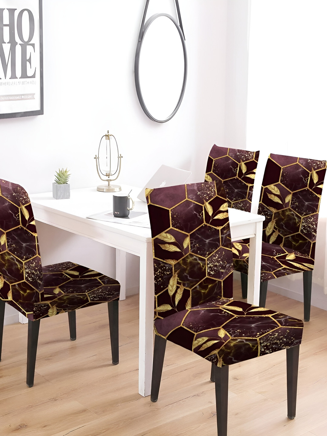 DECOR VATIKA Black & Gold Toned 4 Pieces Printed Soft & Elastic Chair Covers
