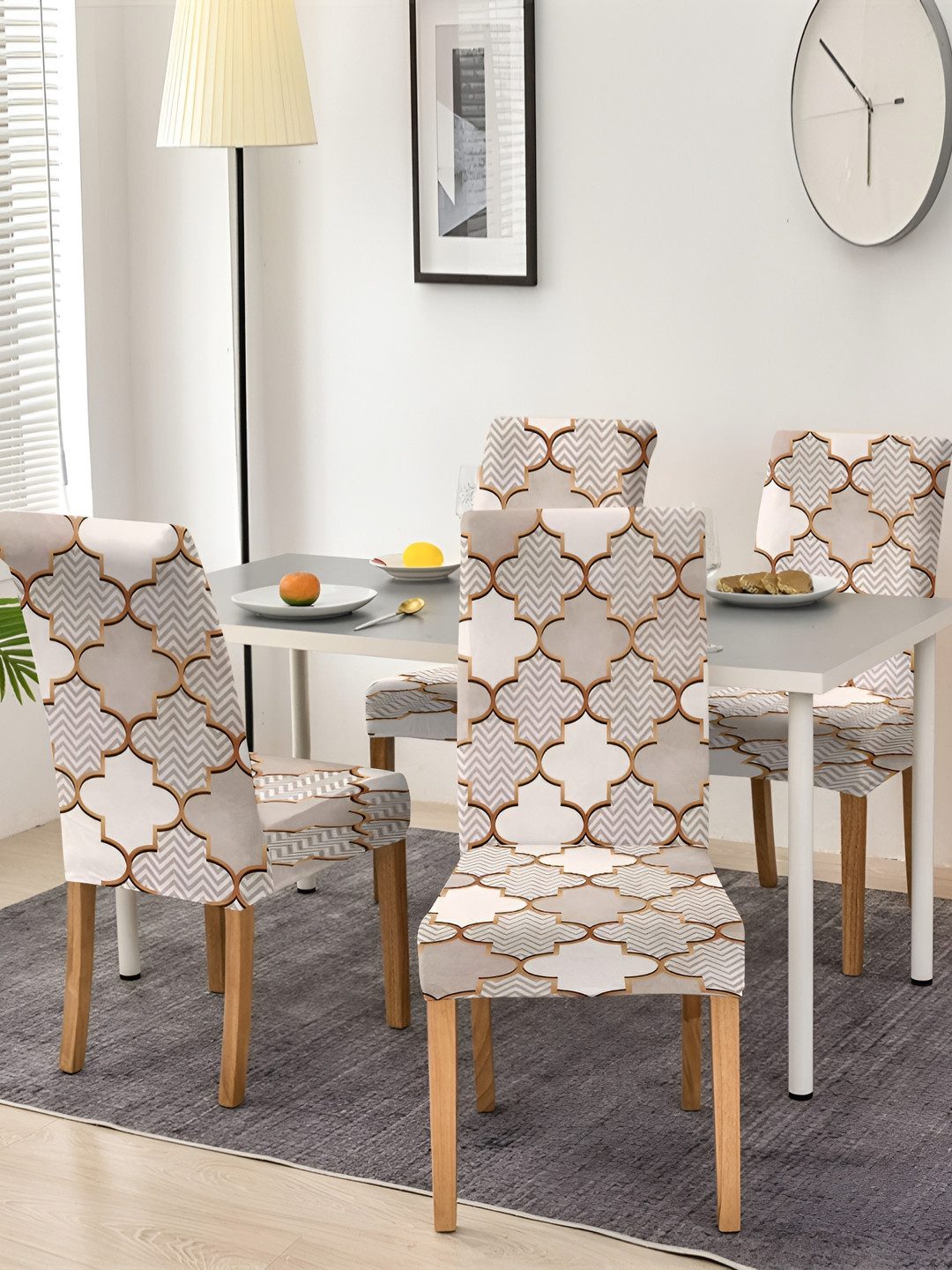 DECOR VATIKA Cream & Beige Printed Soft & Elastic Chair Covers